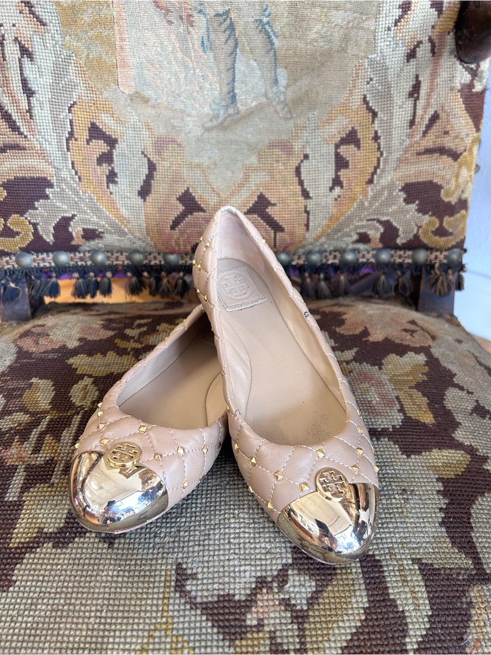 Tory Burch Quilted Nude Leather Ballet Flats with Gold Cap Toe